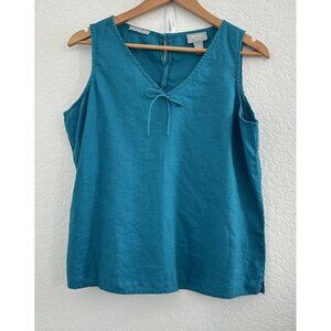 Old Navy Linen Tank Top Womens L Teal Blue Sleeveless Summer Bow Lagenlook Boho